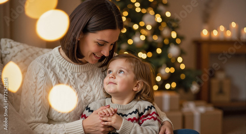 Parent and child near Christmas tree, heartwarming interaction in cozy home. Parent and child embrace amid blurred lights, enjoying emotional holiday atmosphere.