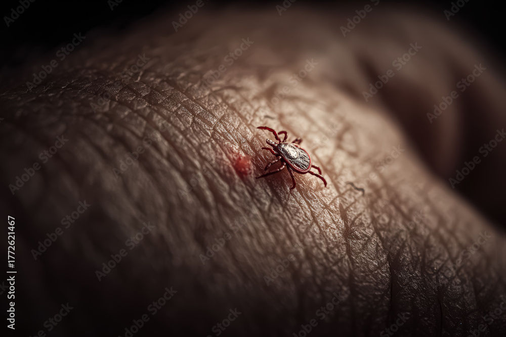 Obraz premium Close-up view of a tick on skin, emphasizing the importance of disease prevention and health awareness in everyday life