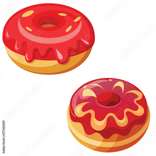 Sweet glazed pink strawberry donut vector illustration set for a delicious bakery snack