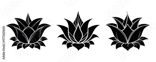 Three stylized lotus flowers in black and white create a simple yet elegant botanical design perfect for backgrounds patterns or symbolic representations of purity