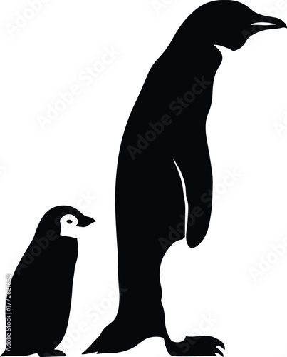 Penguin and chick silhouette on white background, wildlife animal illustration, Antarctic bird family concept, parent and baby penguin design