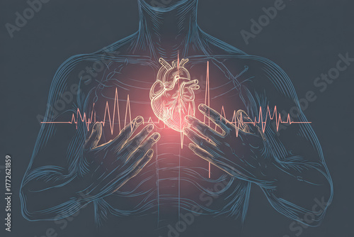 Detailed anatomical illustration of human heart with heartbeat line, glowing effect, showcasing health and medical themes in a creative manner