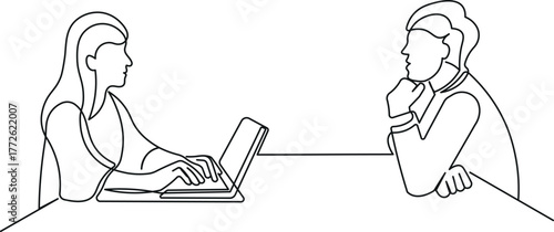 One Line Drawing of Business Interview. Corporate HR Discussion Vector