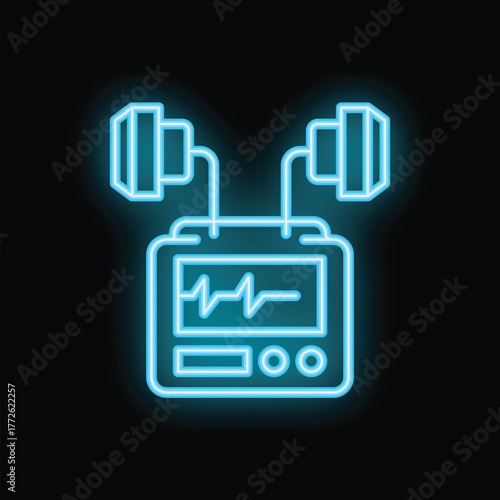 Neon medical icon of a defibrillator glowing blue on dark background