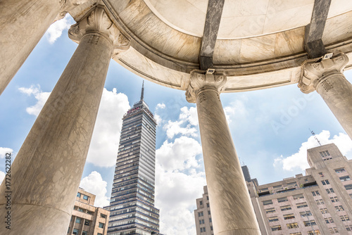 View of Mexico City, Latin American Tower seen from the porticoes of the Palace of Belles  Artes, perspective vision, downtown