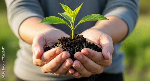 A person's hands gently holding a young green seedling in rich soil. New life, growth, and environmental conservation concept