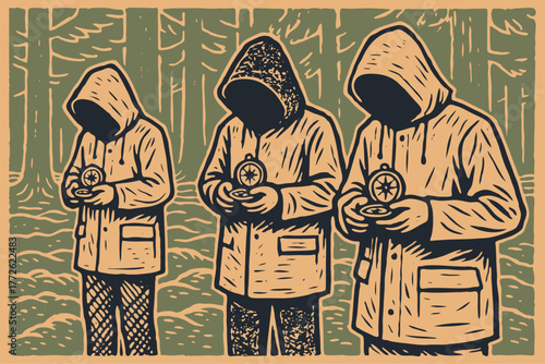 Three mysterious faceless figures in hoods and raincoats check their compasses in a forest. Vector illustration in a vintage woodcut art style.