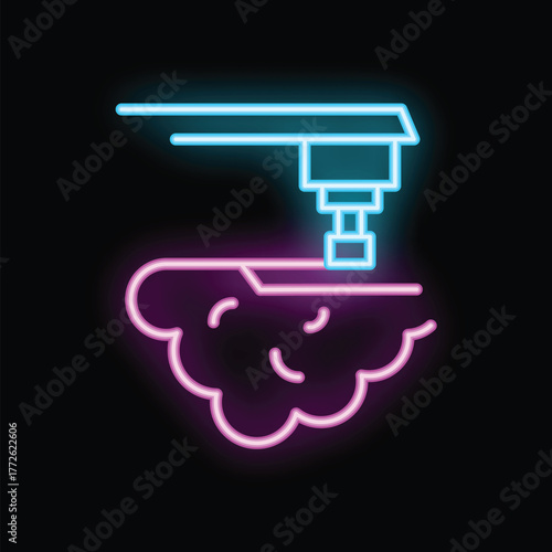 Vibrant neon colored icon of a drilling machine drilling into a rock on a black background