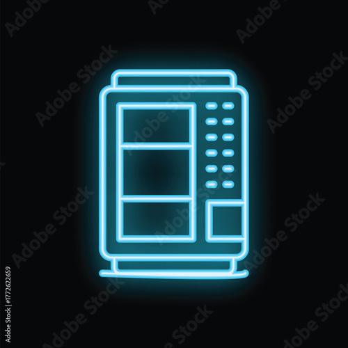 Blue neon sign depicting a vending machine on a black background