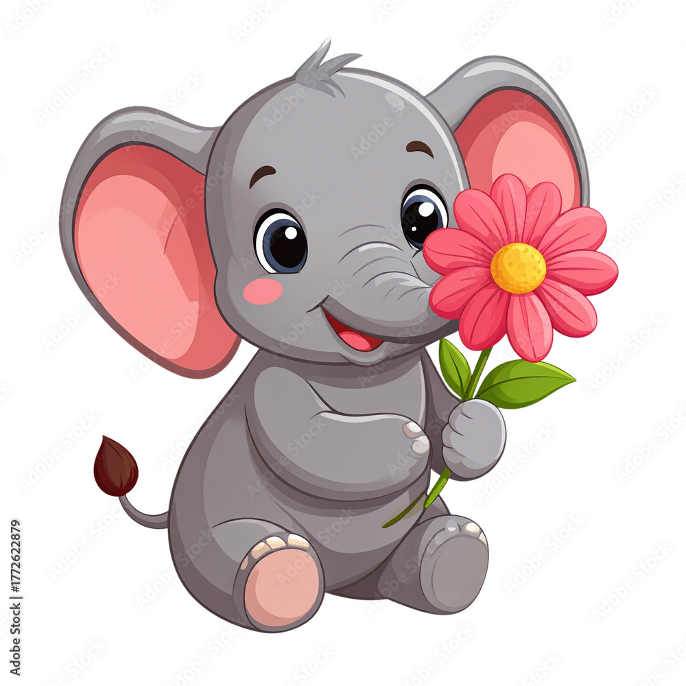Naklejka premium Cartoon baby elephant holding a flower, smiling gently. Adorable vector perfect for wildlife, baby animal themes, nature, cute character designs, and peaceful nature scenes
