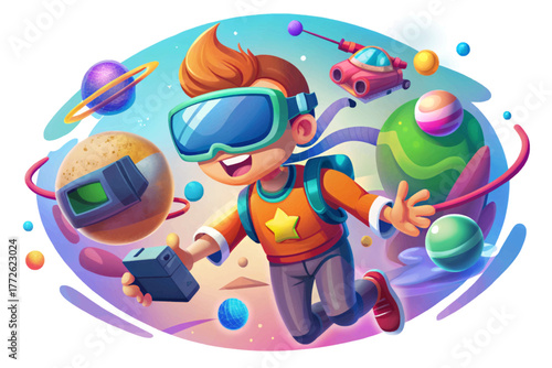 Boy exploring virtual reality world with headset and motion controllers on white isolated background