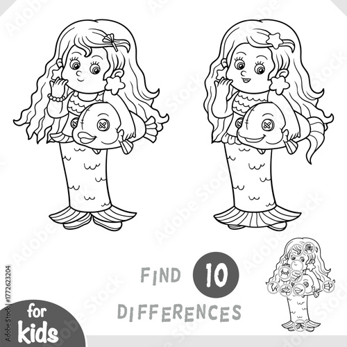 Cute girl in mermaid costume with big toy fish. Spot the differences game for kindergarten and preschool children. Black and white coloring page about masquerade
