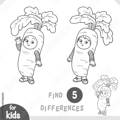 Masquerade carrot boy in funny vegetable costume. Spot the differences game for kindergarten and preschool children. Black and white coloring page for holiday fun.
