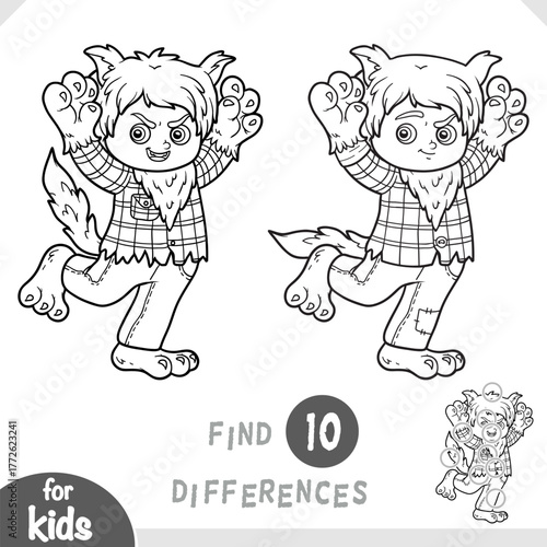Werewolf boy character. Spot the differences game for kindergarten and preschool children. Black and white coloring page for autumn and Halloween fun.