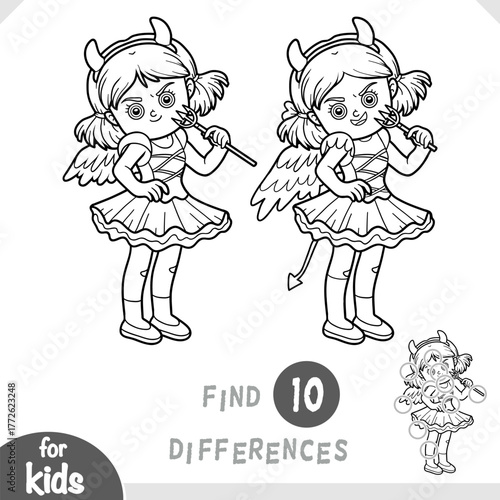 Halloween cute girl in devil costume. Spot the differences game for kindergarten and preschool children. Black and white coloring page for kids on the theme of the autumn holiday