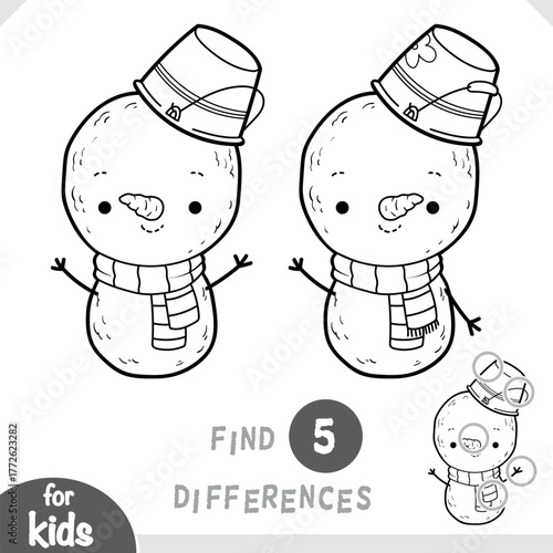 Cute Snowman character. Spot the differences game for kindergarten and preschool children. Black and white coloring page about Christmas winter holidays