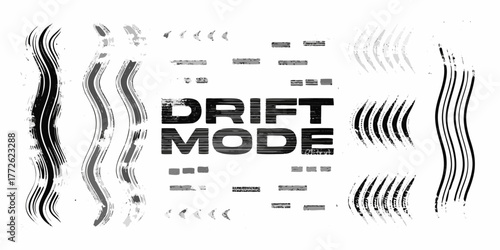 Bold drift mode text with abstract grunge brush strokes and graphic elements on white background