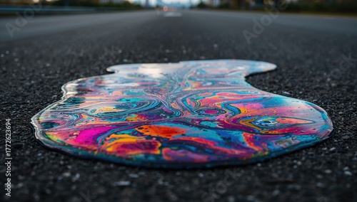 Gasoline or oil spill on asphalt producing vibrant colors, erosion risk