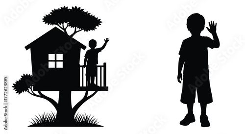 Silhouette of a boy waving near a treehouse in a garden