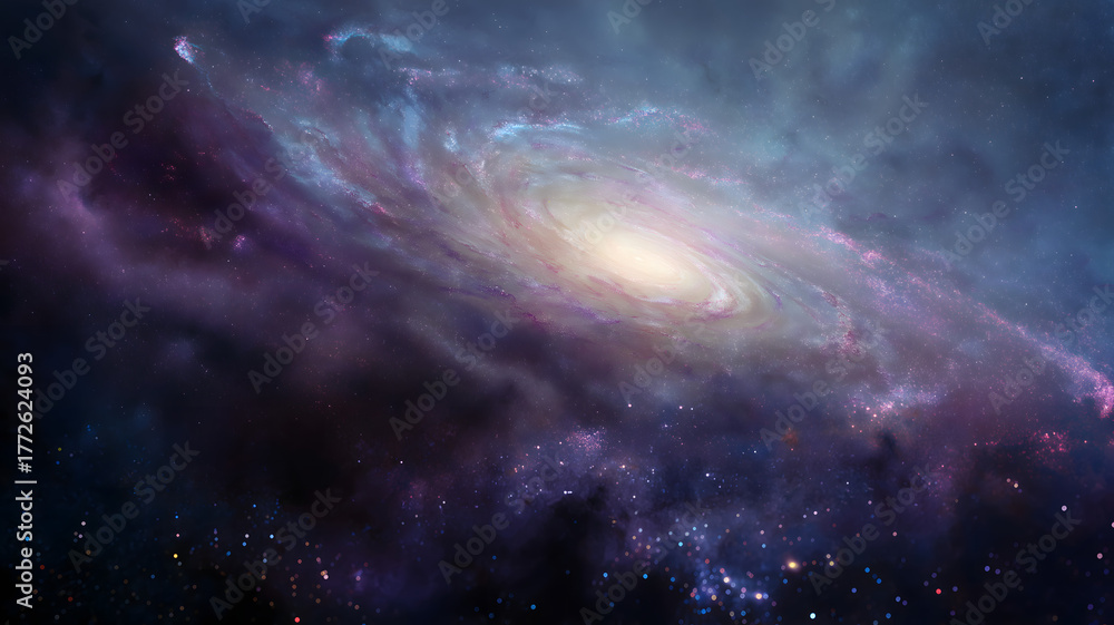 Fototapeta premium Cinematic spiral galaxy and nebula space background with bright core and starfield, 16:9