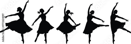 Silhouette of ballerina women dancing gracefully in different ballet poses isolated on white background, dance performance concept, elegance art