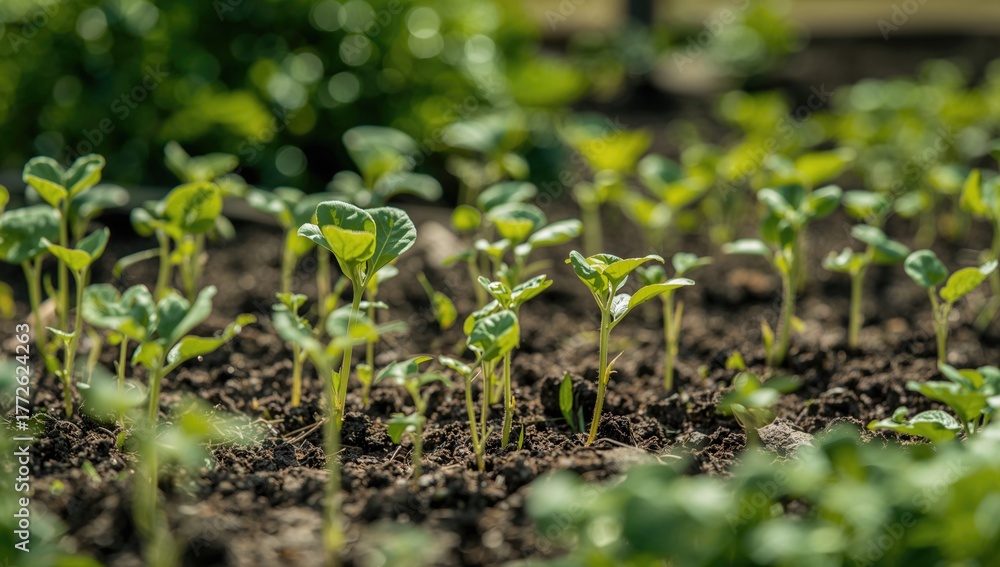 Obraz premium Cucumber seedlings sprouting in a garden bed, promoting a fiber-dense choice