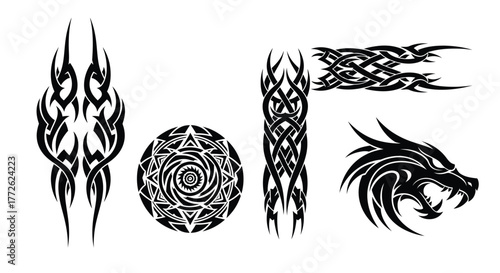 Collection of striking black tribal tattoo designs and a dragon head