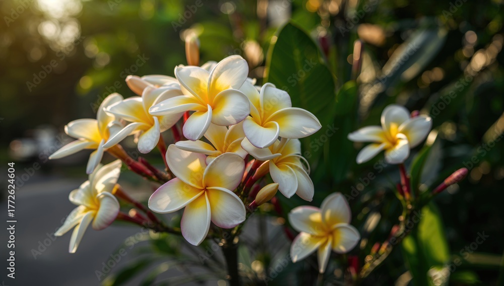 Fototapeta premium Frangipani blossoms flourishing in a neighboring garden, seasonal beauty