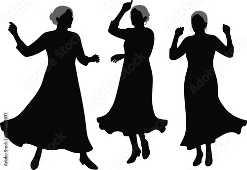 Silhouette of elderly woman dancing, senior lady enjoying movement, graceful dance posture, happy old woman, active lifestyle, joyful motion illustration