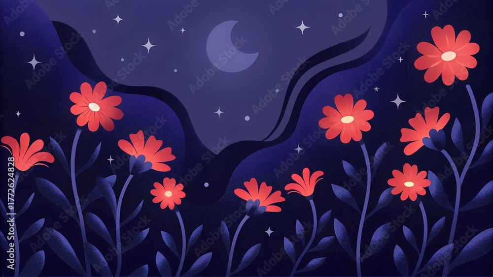 Fototapeta premium A field of glowing red flowers under a starry night sky with a crescent moon creates a dreamy and magical scene