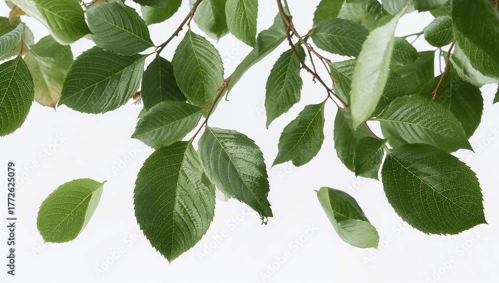 Fototapeta premium Falling green English rose leaves against a white backdrop, seasonal change
