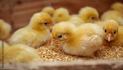 Adorable young poultry pecking at feed, detailed view.