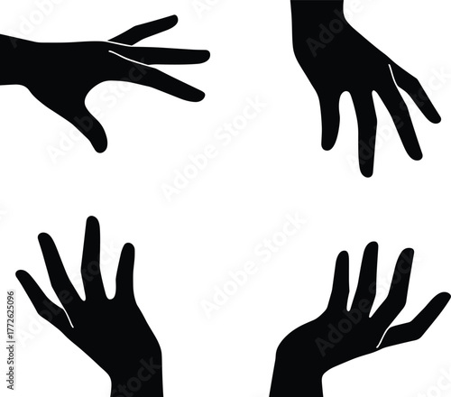 Silhouette of human hands in different gestures and positions, isolated black hand shapes illustration for design, art, and creativity