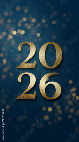 2026 Happy new year. Golden numbers 2026 on dark blue background. New years eve, celebration greeting card, banner, poster, post design. Concept 2026 New Year