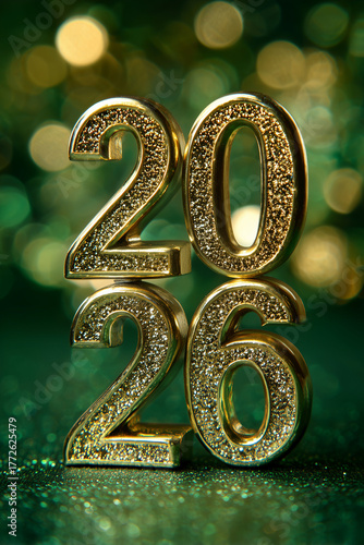 2026 Happy new year. Golden numbers 2026 on green background. New years eve, celebration greeting card, banner, poster, post design. Concept 2026 New Year
