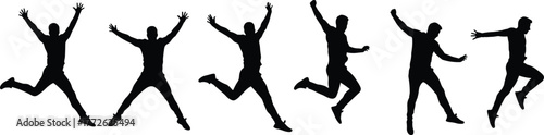 Silhouette of man jumping in different energetic poses isolated on white background, freedom movement concept, happiness and active lifestyle
