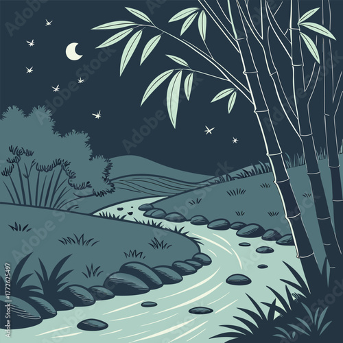 Enchanting night scene with glowing fireflies illuminating a serene quiet stream creating a magical and peaceful atmosphere