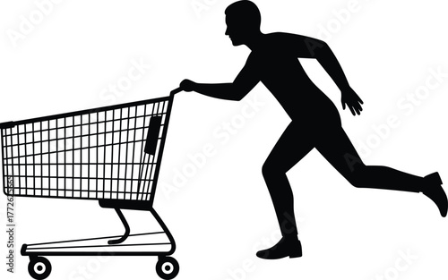 Silhouette of man running with shopping cart, supermarket buyer rushing with trolley, retail customer concept, store shopping illustration design