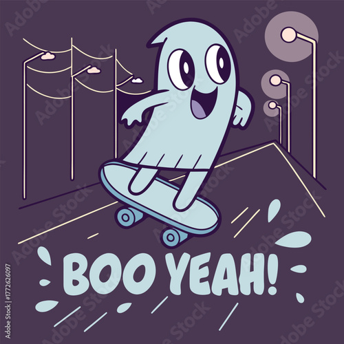 Playful ghost character joyfully riding a skateboard with a triumphant boo yeah expression perfect for energetic and fun designs