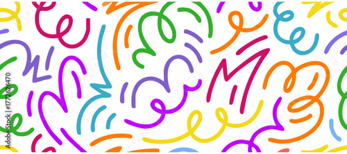 colorful  doodle swirls lines and abstract child drawings: vibrant memphis style retro design background, cute posters and banners design elements 