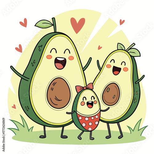 Charming illustration of a happy avocado family with smiling faces perfect for cheerful banners and advertisements