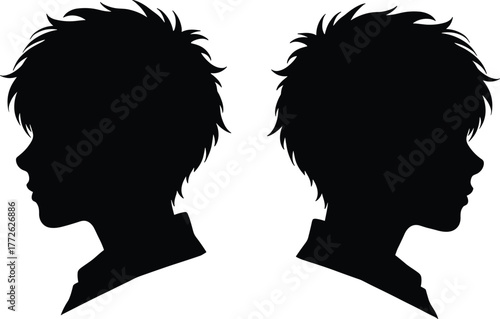 Silhouette of two boys facing opposite sides, young male hairstyle profile illustration, modern vector portrait design concept for art