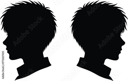Silhouette of two boys facing opposite directions, hairstyle profile illustration, young male head design, modern vector portrait concept