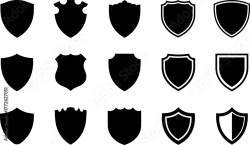 Shield Badge Silhouette Icon Set. Vector Collection of Blank Emblems and Coat of Arms Shapes for Logo Design, Security Symbol, Heraldry, Protection, Police Badge, Vintage and Modern Style Illustration