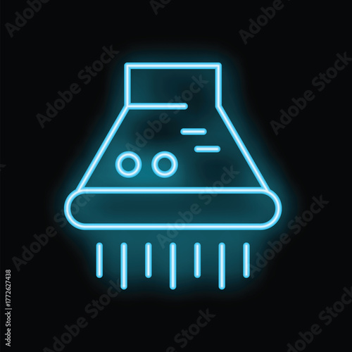 Glowing blue neon icon of a shower head spraying water, perfect for bathroom and hygiene related designs