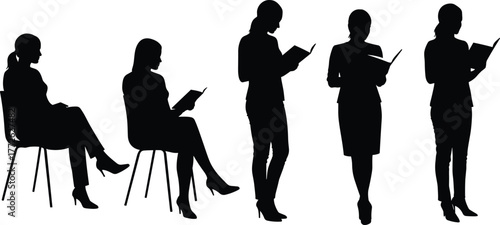 Silhouette of women reading books, sitting and standing poses, education and knowledge concept, learning and concentration illustration design