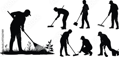 Silhouette of workers cleaning garden with rake and broom, outdoor maintenance illustration, janitor sweeping and gardening vector design concept