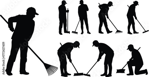 Silhouette of workers sweeping and cleaning with broom and rake, outdoor maintenance people illustration, janitor and gardener working vector design
