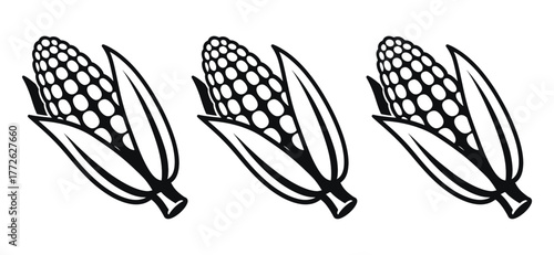 Three black and white corn cobs with husks in a row illustration vector graphic design