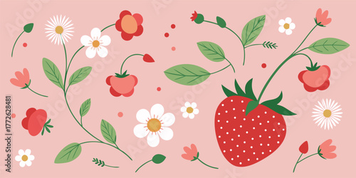 Sweet strawberry and floral pattern romantic blush pink fabric design textile art